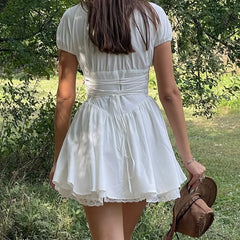 Lunivop Sweet Women Ruched Chest Fish bow Waist Corset Style Dress Short Sleeve Cross Bandage Lacing up Back Bodycon Mini Party Robe