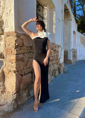 Lunivop Women High Slit Party Dress One Shoulder Ruffle White Black Contrast Color Maxi Female Event Prom Evening Celebrate Night Out