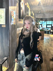 Lunivop Y2k Vintage Two Pieces Tops Women Skinny Leopard Halter Tops + Hollow Out Black Tops Streetwear 2000s Japanese Tshirts