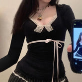 Lunivop Y2K Lace Patchwork Top Contrast Color Women Autumn Spring Ribbon Lace-up Bow Coquette T-shirts Cute Causal Basics Tees