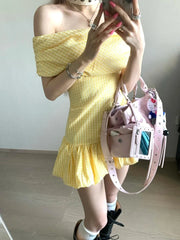 Lunivop Sweet Elegant Bodycon Mini Dresses Women Off Shoulder Korean Style Butter Yellow Plaid Ruffles Dresses Y2k Harajuku