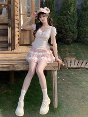 Lunivop Fashion Sweet Puff Sleeve Bow Top Women+ Y2k Sexy Slim Waist Lace Patchwork Cake Skirts Sumemr New Two Piece Sets