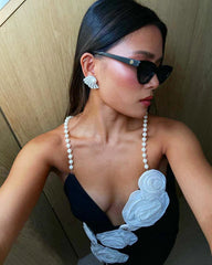 Lunivop Chic Black And White Flowers Celebrity Dresses Pearls Spaghetti Strap Long Mermaid Dress vestidos de ocasião formal Evening Gown