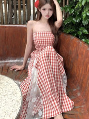 Lunivop French Plaid Spliced Lace Strapless Dress Women's 2025 Spring Summer New Retro Waist Hugging Design Niche Long Vestidos New