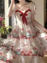 Lunivop French Sweet Floral Dress Women Slim Fit Waist Cinched Bow Short Sleeve Puff Cake Skirt Summer Prairie Chic Fashion Maxi Dress