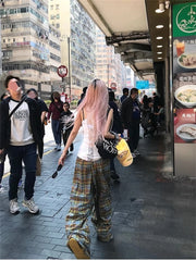 Lunivop American Style Dopaamine Checkered Wide Leg Pants Women Summer Vintage Loose Casual Drapey Long Trousers Fashionable Loose Fit