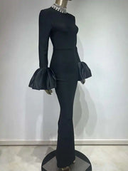 Lunivop Woemn's Evening Dress Diamonds Collar Flare Long Sleeve High Waist Sliming Elegant Party Dress 2025 New Clothing