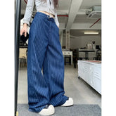 Lunivop Vintage Contrast Color Striped Casual Jeans Women Autumn New American High Waist Loose All-match Denim Wide Leg Pants