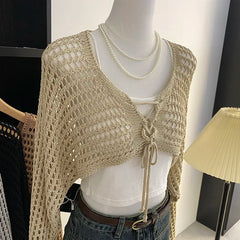 Lunivop Crochet Crop Tie Front Cardigan Women Long Sleeve Sheer OpenKnit Bolero Shrug Top Summer Beach Bikini Cover Up Y2K Outfit