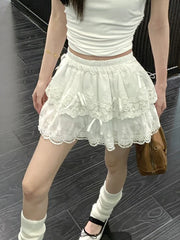 Lunivop Cute Bow White Skirts Women Sweet High Waist Lace Patchwork Mini Skirt Korean Fashion Preppy Style Lady Elegant Cake Skirts