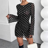 Lunivop European American New Elegant Women's Mesh Polka Dot Print Round Neck Backless Long-sleeved Dress