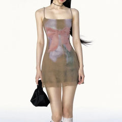 Lunivop Moda Summer French Harajuku Sling Short Dress Y2k Aesthetic All Match Bow Print Women Cloth French Slim Mesh Zip Up Dresses