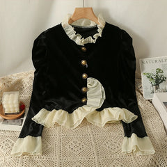 Lunivop Vintage Sweet O-neck Ruffles Cardigan Mujuer Autumn New Slim Fit Black Velvet Cardigans Y2k Long Sleeve Tops Women