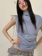 Lunivop Streetwear Y2K Slim Tanks Women Shirring Vintage Casual Tops Summer Sleeveless Female Retro Half Turtleneck Harajuku Tanks