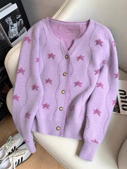 Lunivop Stars Print Vintage Cardigan Women Casual Cute Long Sleeve Loose Knitted Sweater Korean Retro O Neck Female Purple Tops New