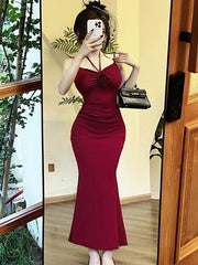 Lunivop Women New Red Sexy Bow Flower Sling Long Dress Summer Elegant Ruffled Luxury Dress 2025 Korean Vintage Bodycon Dance Party Dress