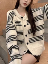 Lunivop Women Cardigan Sweater Striped Crew Neck Button-up Sweater Jacket Comfy Cozy Slouchy Cardi Autumn Winter French Chic Outfit