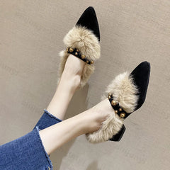 Lunivop Elegant Fur Low Heels Slippers Pointed Toe Women Suede Mules Shoes Winter Fashion Rivet Cotton Shoes New Cozy Plush Pumps