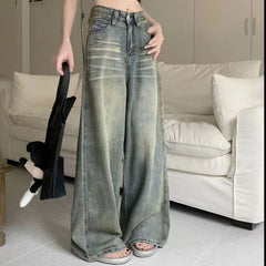 Lunivop Vintage Wide-Leg Jeans Women's Loose-Fit High-Waisted Slimming Casual Straight-Leg Long Pants Trendy On The Ground
