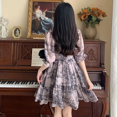 Lunivop French Retro Light Mature Style Floral Summer Women's New Pullover Square Neck Tie Folds Fashion Casual Short Sleeved Dress the dress black dress white dress