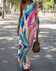Lunivop Abstract Print One Shoulder Maxi Dress Elegant Dresses for Women Casual New Fashion Casual Female Clothing Outfits