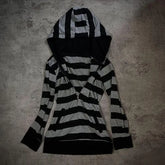Lunivop Y2k Women Hoodie Black And Gray Striped Hooded Sweatshirt Contrast Trim Cropped Hem Zip Up Hoodie Long Sleeve Sweatshirt