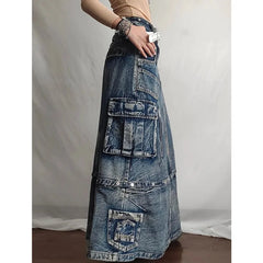 Lunivop Autumn Women Blue Denim Pocket Half Body Skirt High Waist Casual Korean Mid Length Baggy Vintage Straight Denim Long Skirt