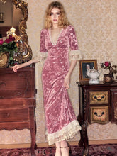 Lunivop Patchwork Deep V-neck Lace Women Maxi Dress Short Sleeve Printed Floral Dress Female Spring French Casual Party Clubwear