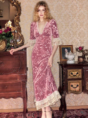 Lunivop Patchwork Deep V-neck Lace Women Maxi Dress Short Sleeve Printed Floral Dress Female Spring French Casual Party Clubwear