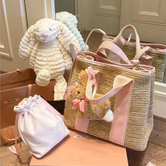 Lunivop Summer Straw Woven Hand Carry Tote Bag Women Pink Patchwork Large Capacity Shoulder Bags Ladies Sweet Daily Travel Crossbody Bag