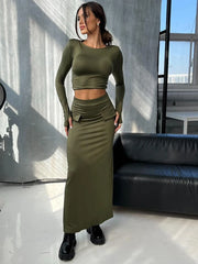 Lunivop Round Neck Two Piece Sets Women Skirt Suit Long Sleeve T-shirts Long Skirt Female Autumn Winter Slim Elegant Skirt Sets