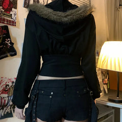 Lunivop Black Hoodies Womens 2000s Clothes Y2k Hooded Sweatshirts With Fur Streetwear Zip Up Cropped Jacket Grunge Corest Top
