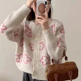 Lunivop Cute Floral Knitted Cardigan for Women Cozy O-neck Button Front Sweater Jacket Teen-girl Fall Winter Korean Fashion Outfit