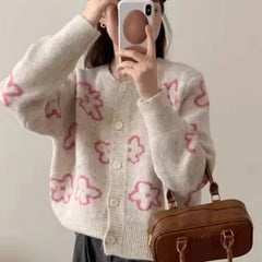 Lunivop Cute Floral Knitted Cardigan for Women Cozy O-neck Button Front Sweater Jacket Teen-girl Fall Winter Korean Fashion Outfit
