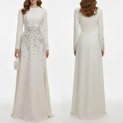 Lunivop Luxury Crystal Evening Dress Customized O-Neck Long Sleeves A Line Floor Length Elegant Prom Gown Formal Party Dresses