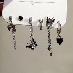 Lunivop 6PCS Pink Crystal Heart Black Butterfly Drop Earring Set For Women Gothic Y2K Cute Aesthetic Jewelry Scene 2000s EMO Accessories