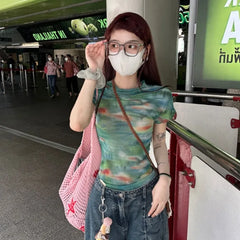 Lunivop Summer New All-match Tops Mujer Mesh Short Sleeve T-shirt for Women Y2k E-Girl Slim Fit Irregular Print Tee Shirt