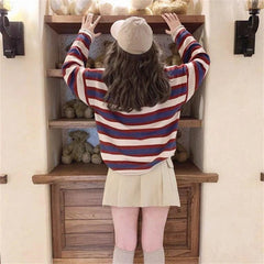 Lunivop American Retro Blue Red Striped Sweaters Mujuer Autumn New O-neck Knitted Pullover Y2k E-Girl Long Sleeve Tops Women
