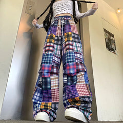 Lunivop American Retro Colorful Patchwork Plaid Wide Leg Pants Fashionable Street Casual Sweatpants Harajuku Style Y2k Hot Girl Trousers