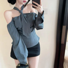 Lunivop Off-shoulder Contrast Color Striped Sexy Long Sleeve Shirt Women Autumn New High Street Loose Casual Lace-up Halter Tops