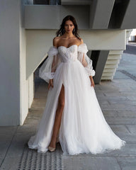 Lunivop Franch Style Romantic Women's Wedding Dress Off Shoulders Latern Sleeves Embellished A Line Bride Dresses Side Slit Bridal Gown