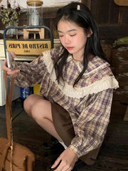 Lunivop Japan Cute Plaid Shirts Women Vintage Peter Pan Collar Kawaii Blouse Preppy Style Loose Long Sleeve Lady Lace Patchwork Top