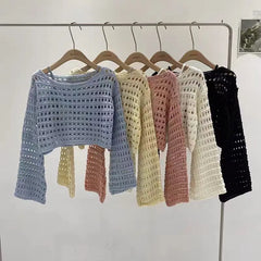 Lunivop Long Sleeve Crochet Knit Top Summer Beach Bikini Cover Up Crop Pullover Wool Knitwear Blouse Women Vacation Boho Outfit