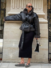 Lunivop Retro Patchwork PU Leather Fur Jackets Women Casual Stand Collar Jacket With Belt Female Winter Thickening High Street Outwears