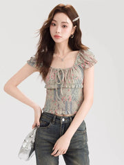 Lunivop Sweet Floral Cropped T Shirt Women Slim Sexy Puffy Sleeve Tees Korean Vintage Square Collar Female Lace Up Tops Summer New