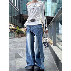 Lunivop Women's Casual Japanese Style Harajuku Jeans Vintage Aesthetic Mop Punk Loose Pants Y2K Wide Leg Baggy Washed Denim Trouser