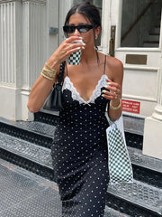 Lunivop Polka Dot Lace Patchwork Maxi Dress Women Summer Fashion Backless Slim Strap Sexy Robes Female Elegant Party Long Dress 2025