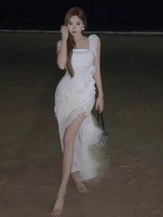 Lunivop Women Dresses Ruffles Patchwork Irregular Split Square Collar Backless Holiday Temperament Party Dress Female Chic