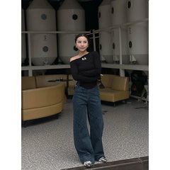 Lunivop Women's Retro Wide Leg Baggy Blue Casual Denim Trouser Harajuku Aesthetic High Waist Loose Jeans 2024 Autumn Leopard Print Pant