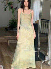 Lunivop Women's Slim Fit Long Dresses Vacation Casual Style Sleeveless Gradient Color Design Beach Holiday Tea Break French Strap Dress